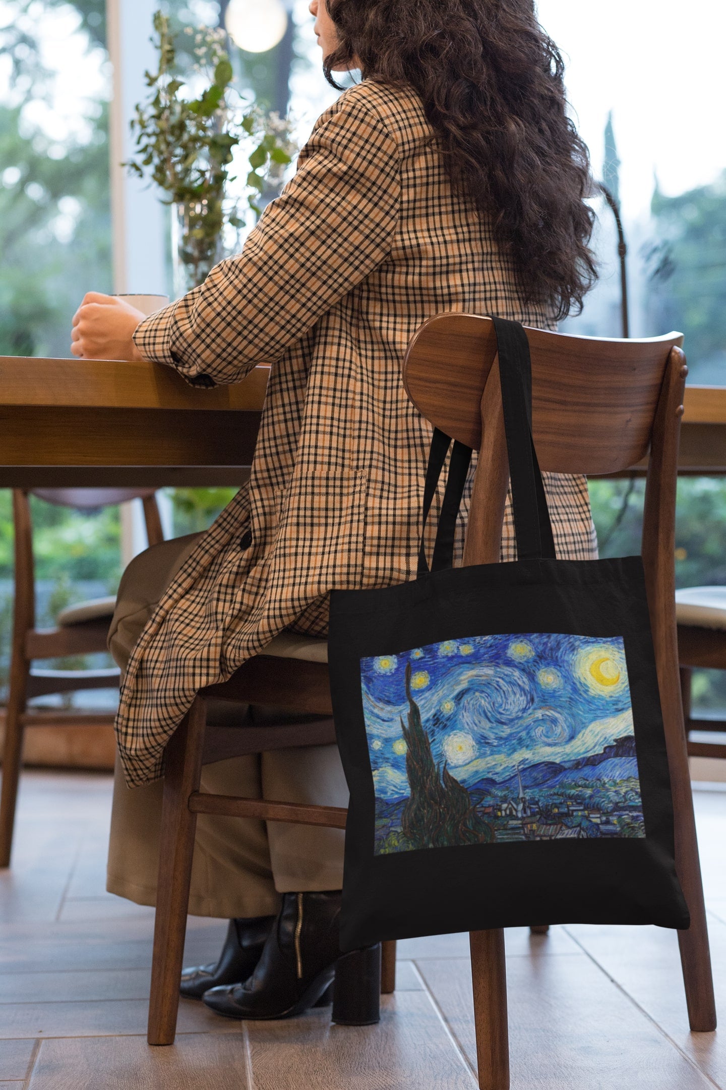 Black Canvas Cotton Zipper Tote Bag Starry Night by Van Gogh